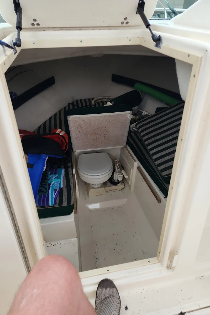 Slide: The Image of 1999 Pursuit 2460 Danali cabin interior with toilet and striped cushions. - 12