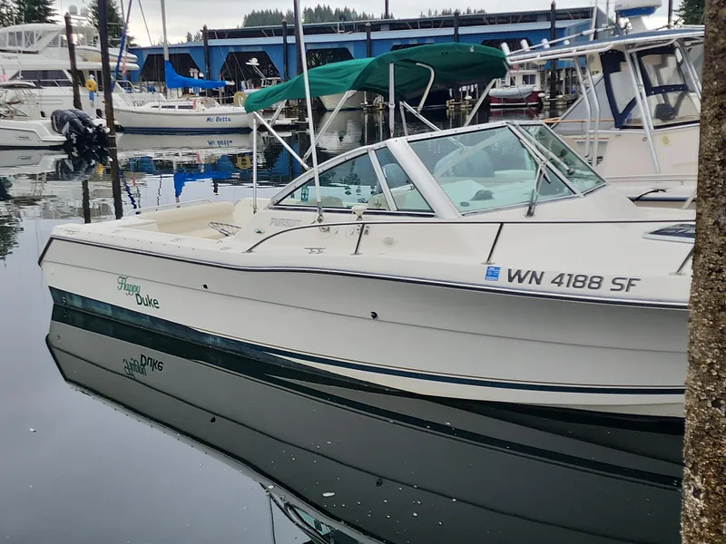 Slide: The Image of 1999 Pursuit 2460 Danali boat docked in a marina, surrounded by other vessels. - 2