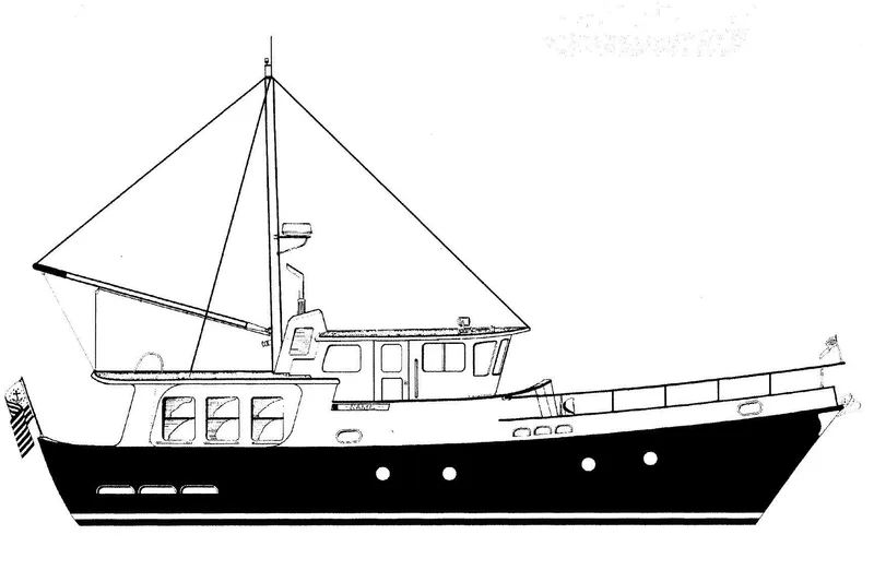 Slide: The Image of Line drawing of a 1990 Nordhavn 46 yacht, side view, showcasing its design. - 23