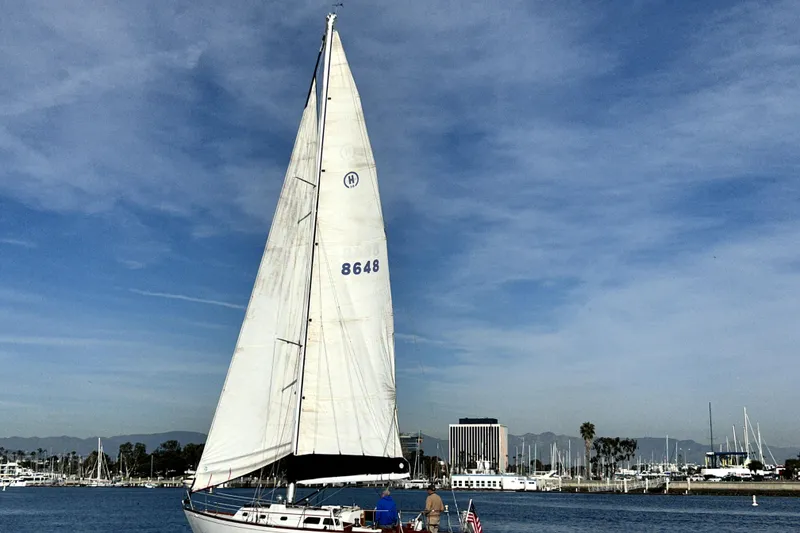 Slide: The Image of 1969 Hinckley 38 sailboat on calm water with marina backdrop. - 15