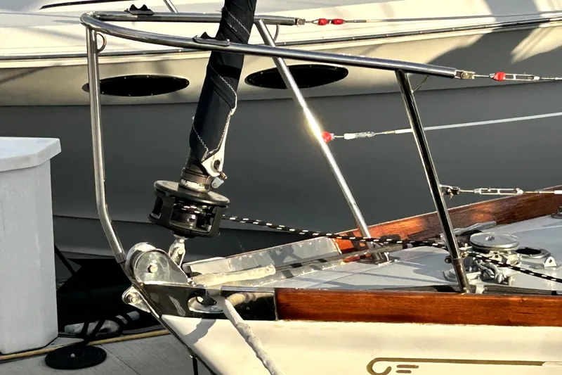 Slide: The Image of Hinckley 38 sailboat bow detail, 1969 model, featuring polished metal and rigging. - 6