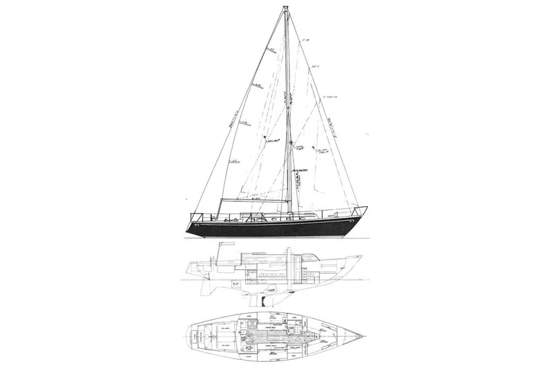 Slide: The Image of Blueprint of 1969 Hinckley 38 sailboat, showcasing side and top views. - 4