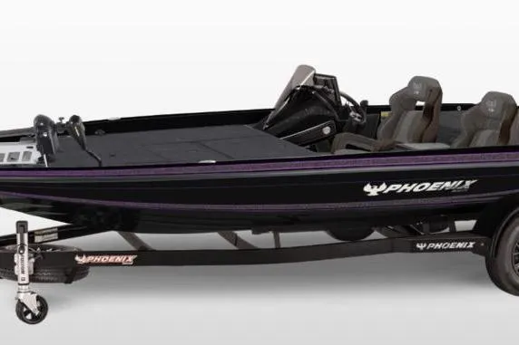 The Image of 2026 Phoenix 920 Elite X boat, black with purple accents, on a matching trailer. - 1