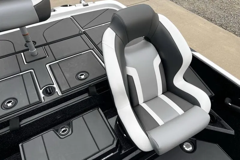 Slide: The Image of 2026 Nitro Z19 XL Pro boat seat, gray and white design, with storage compartments. - 20