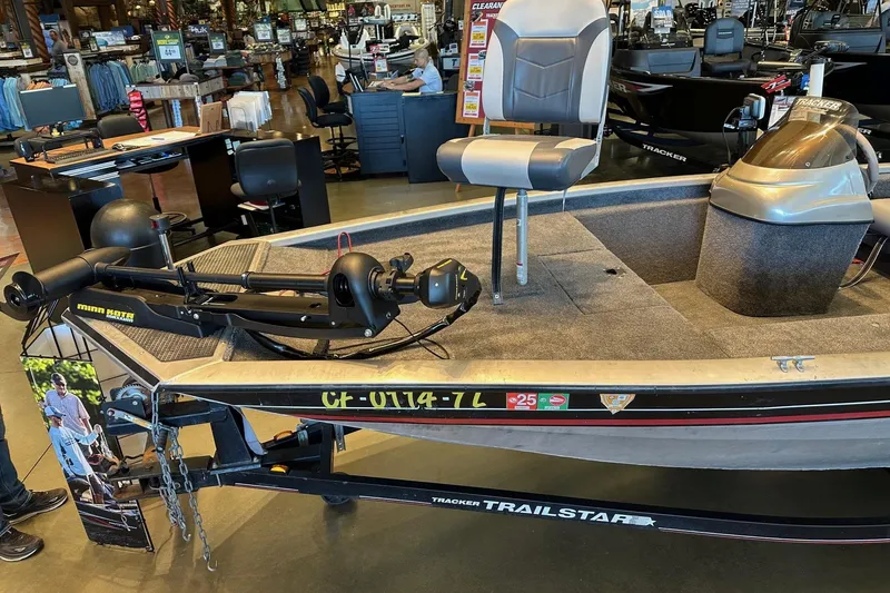 Slide: The Image of 2002 Tracker Pro Team 175 boat displayed indoors, featuring a Minn Kota trolling motor. - 4
