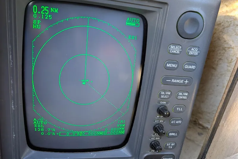Slide: The Image of Radar display on a 1989 Blackman Billfisher 26 boat, showing navigation data. - 38