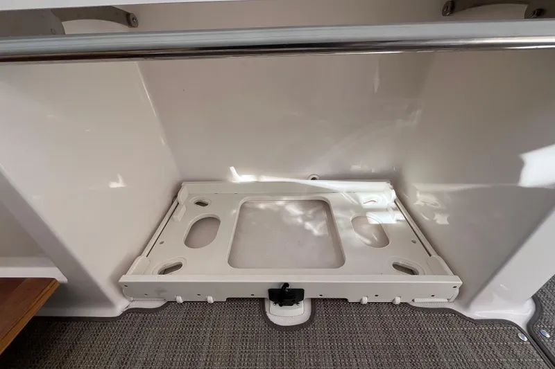 Slide: The Image of 2019 Regal 33 SAV interior storage compartment with white panel and metal railing. - 45