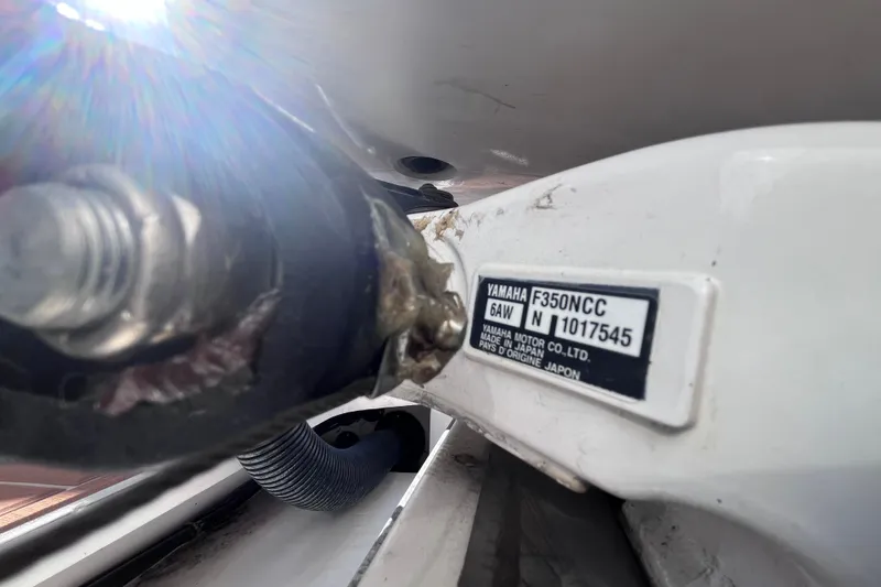 Slide: The Image of Close-up of Yamaha F350NCC engine label on 2019 Regal 33 SAV boat. - 94