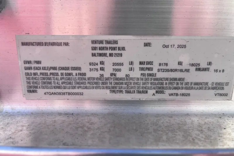 Slide: The Image of Label on Venture Trailers, dated Oct 17, 2025, with specifications and VIN details. - 96