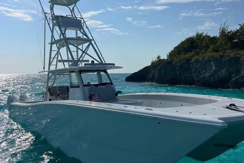 Slide: The Image of 2023 Freeman 47 boat cruising on calm waters near a sandy shoreline. - 4