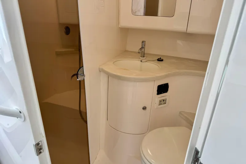 Slide: The Image of 2019 Intrepid 407 Cuddy bathroom with sink, toilet, and shower area. - 16