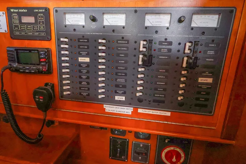 Slide: The Image of Electrical control panel on a 2001 Tartan 4100 yacht, featuring various switches and meters. - 58