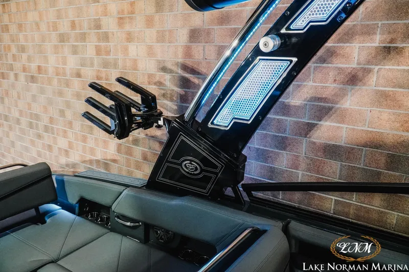 Slide: The Image of 2026 Cobalt R6 Surf boat interior with sleek design and modern lighting. - 20