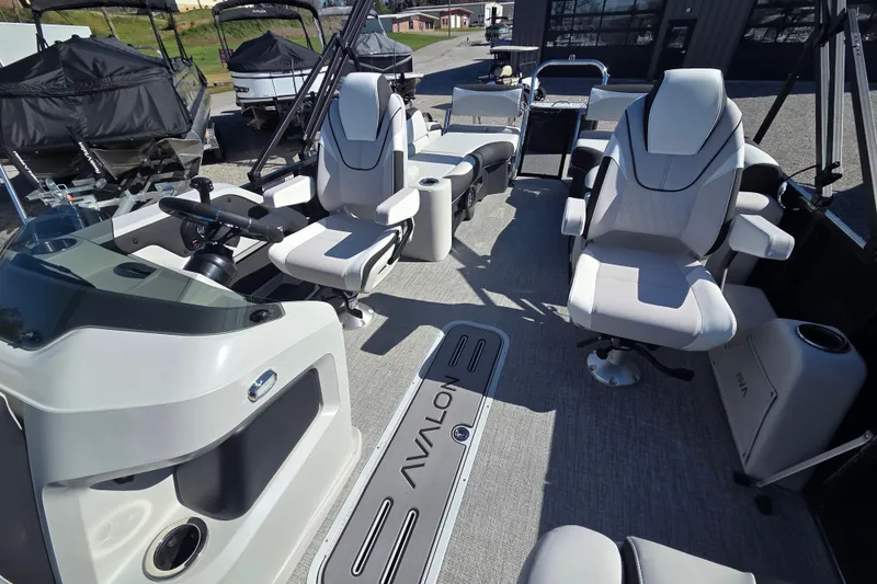 Slide: The Image of Luxurious 2026 Avalon Platinum LSZ 2585 Quad Lounger boat interior with modern seating. - 7