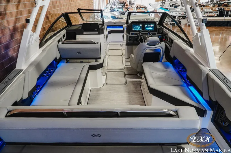 Slide: The Image of Luxurious interior of 2026 Cobalt R8 boat with modern seating and ambient lighting. - 10