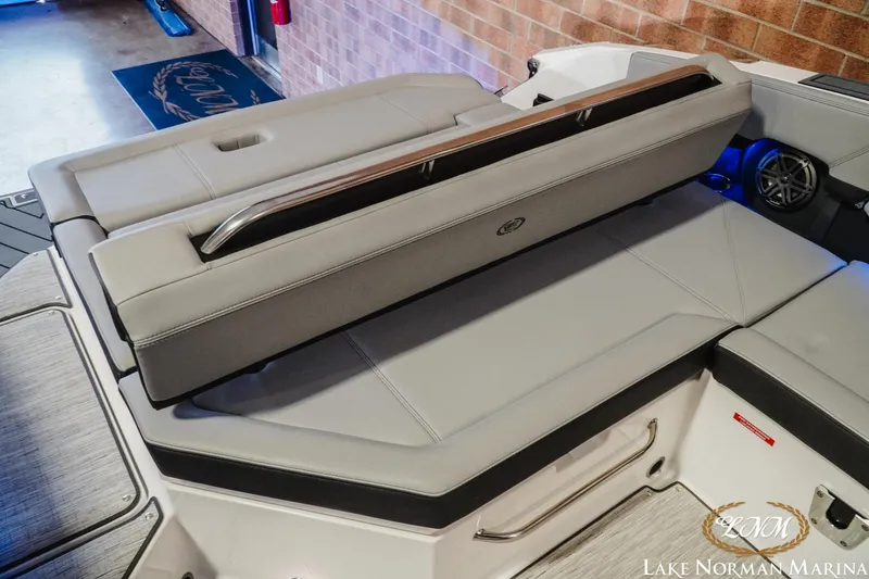 Slide: The Image of 2026 Cobalt R8 boat interior with luxurious gray seating and sleek design. - 28