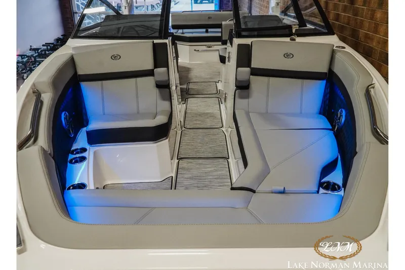 Slide: The Image of 2026 Cobalt R8 boat interior with blue LED lighting and luxurious seating. - 6