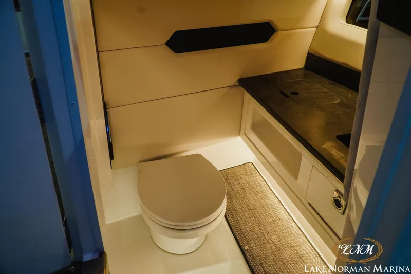 Slide: The Image of 2026 Cobalt R31 boat interior bathroom with modern design and compact amenities. - 28
