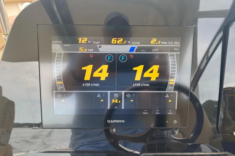 Slide: The Image of Garmin display on 2019 Scout 255 Dorado showing speed, depth, and engine RPM. - 11