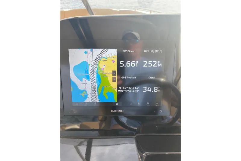 Slide: The Image of Garmin GPS display on 2019 Scout 255 Dorado boat showing speed, heading, and depth. - 14