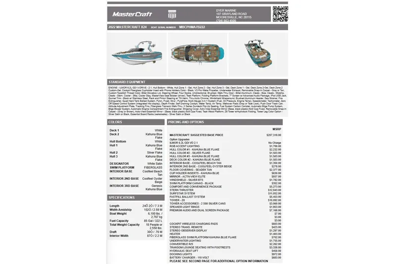 Slide: The Image of 2022 MasterCraft X24 boat specifications and pricing details, featuring color options and standard equipment. - 19