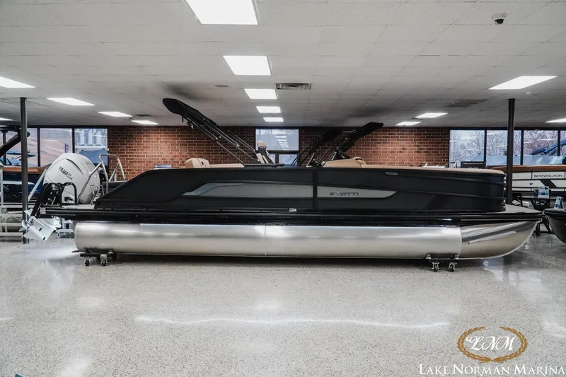 The Image of 2026 Evotti 725CS pontoon boat displayed indoors at Lake Norman Marina. - 1