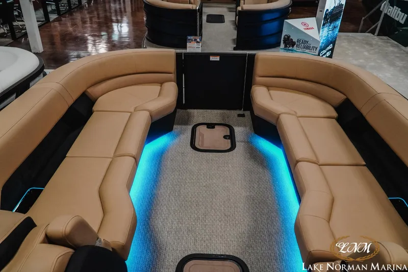 Slide: The Image of Luxurious 2026 Evotti 725CS boat interior with elegant seating and ambient blue lighting. - 23