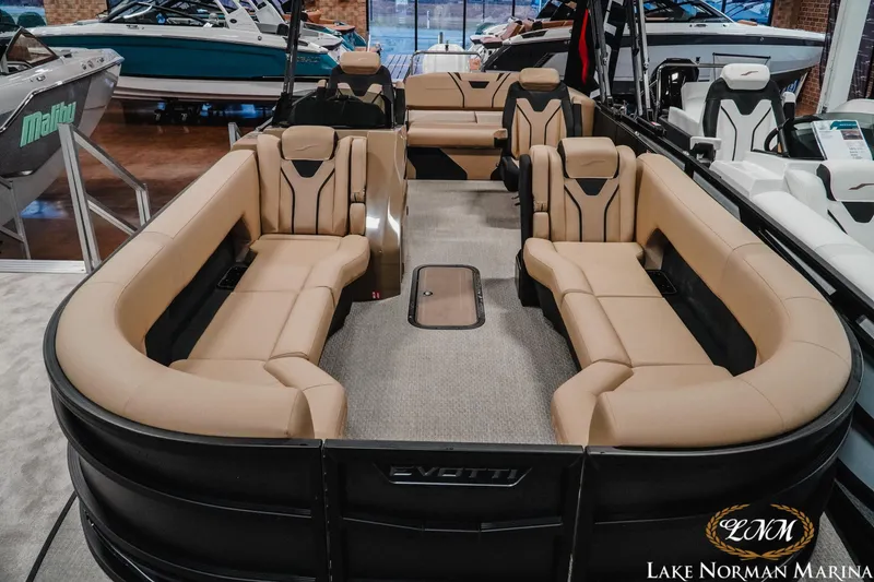 Slide: The Image of Luxurious 2026 Evotti 725CS pontoon boat interior at Lake Norman Marina. - 8