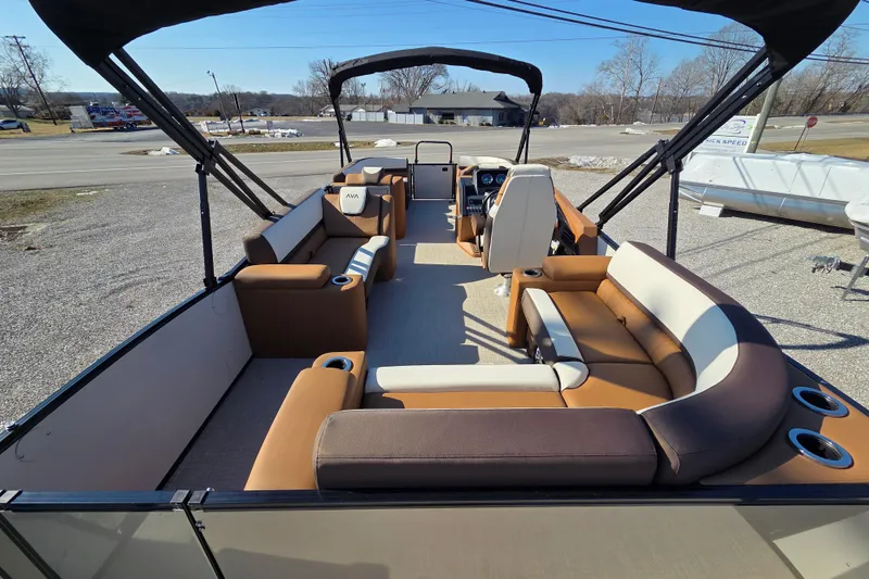 Slide: The Image of 2026 Avalon Platinum Catalina 2585 Elite pontoon boat with luxurious seating and canopy. - 7