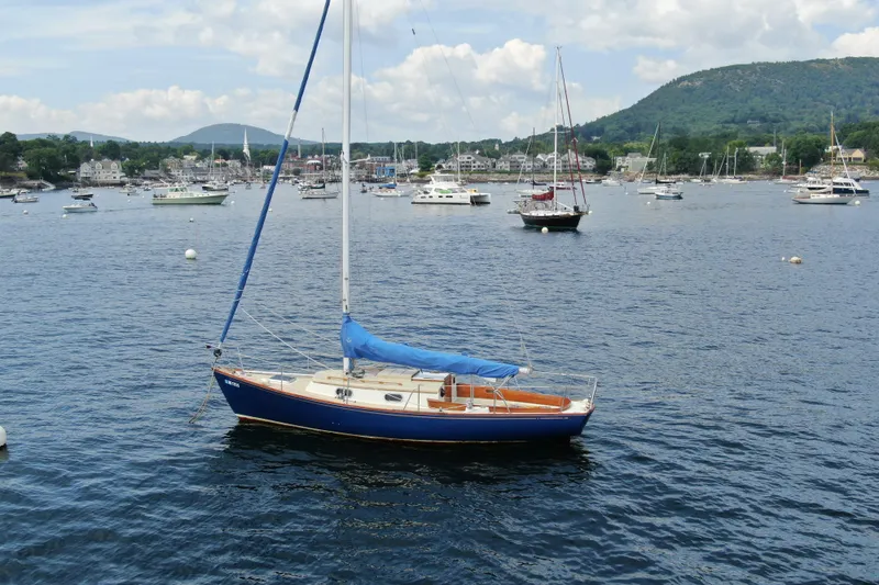 Slide: The Image of Sailboat "Hank Hinckley Great Harbor 26" 1998 on scenic harbor with mountains. - 33