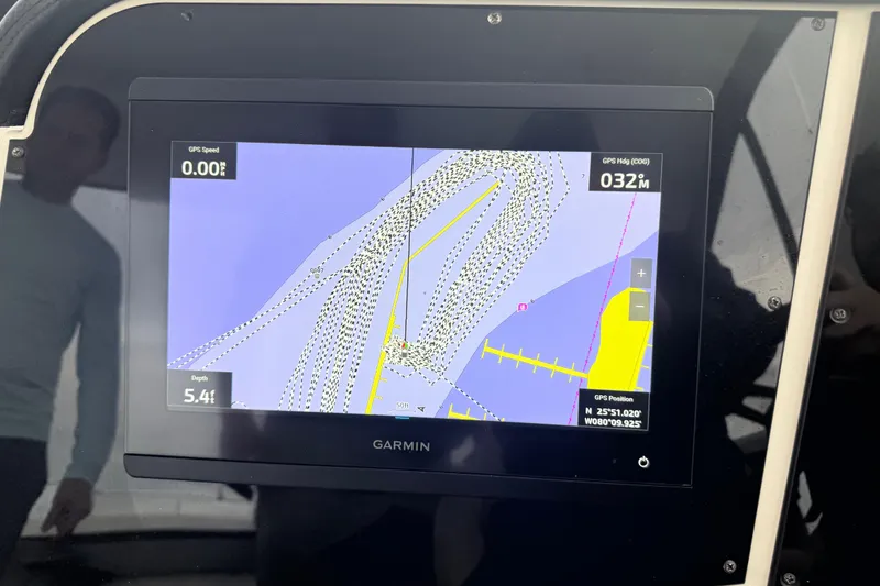 Slide: The Image of Garmin navigation display on 2009 Carver 44 Sojourn yacht, showing GPS data and map. - 15