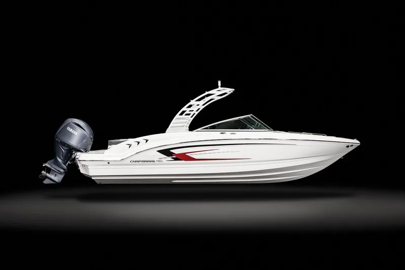 Slide: The Image of Manufacturer Provided Image: 2025 Chaparral 23 SSi OB boat with Yamaha outboard motor, sleek design on black background. - 3