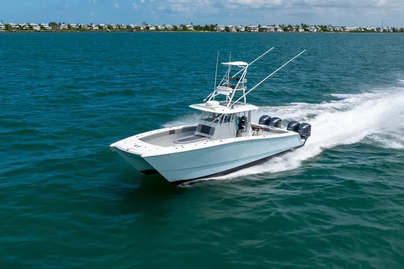 Slide: The Image of 2018 Freeman 37VH boat cruising on blue ocean waters. - 9