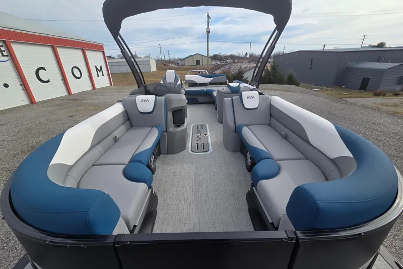 Slide: The Image of 2026 Avalon Platinum LSZ 2585 Cruise Rear Bench pontoon boat with spacious seating and modern design. - 7