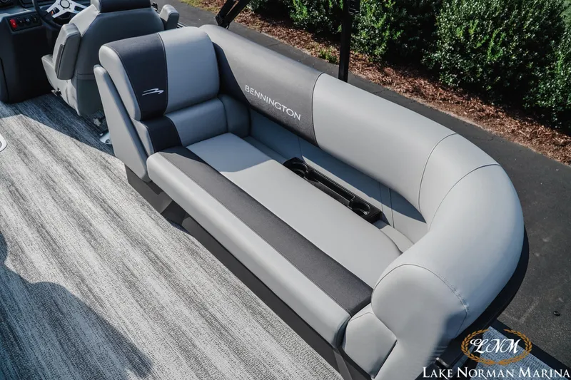 Slide: The Image of 2026 Bennington 22SSR boat interior with gray seating at Lake Norman Marina. - 7