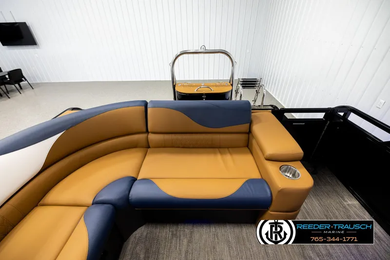 Slide: The Image of Luxurious 2026 Avalon LSZ ELW boat interior with stylish seating and cup holder. - 15