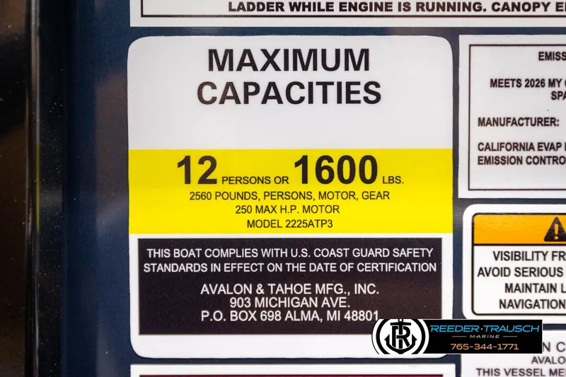 Slide: The Image of 2026 Avalon LSZ ELW boat capacity label: 12 persons or 1600 lbs, 250 HP motor. - 52