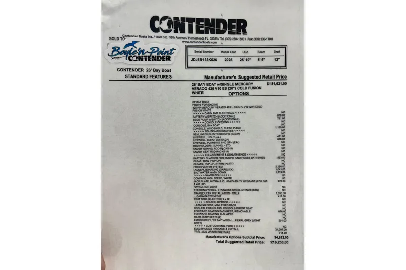 Slide: The Image of Contender 26 Bay Boat 2026 price list with features and options details. - 16