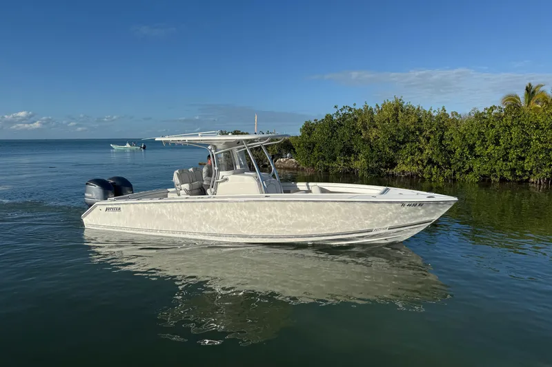 The Image of 2018 Jupiter 30 boat on calm water near lush greenery. - 0