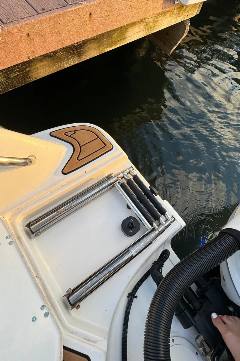 Slide: The Image of 2017 Boston Whaler 370 Outrage boat ladder near dock, close-up view. - 4