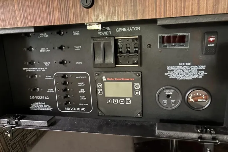 Slide: The Image of Control panel of 2023 Pursuit OS 355 Offshore boat, featuring generator and power switches. - 29