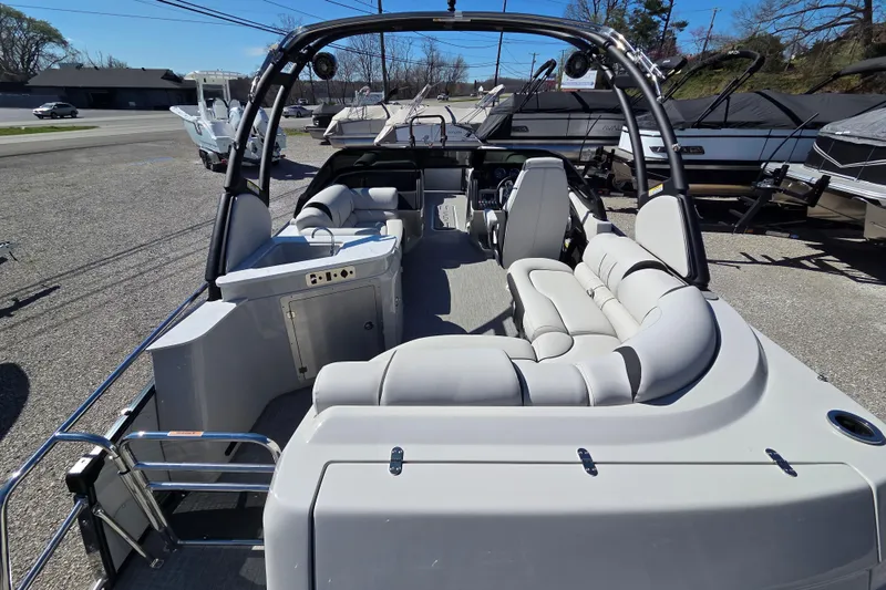 Slide: The Image of 2026 Avalon Platinum Catalina 2785 Elite Windshield boat with luxurious seating and sleek design. - 11