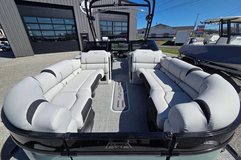 Slide: The Image of Luxurious 2026 Avalon Platinum Catalina 2785 Elite pontoon boat with spacious seating and sleek design. - 8