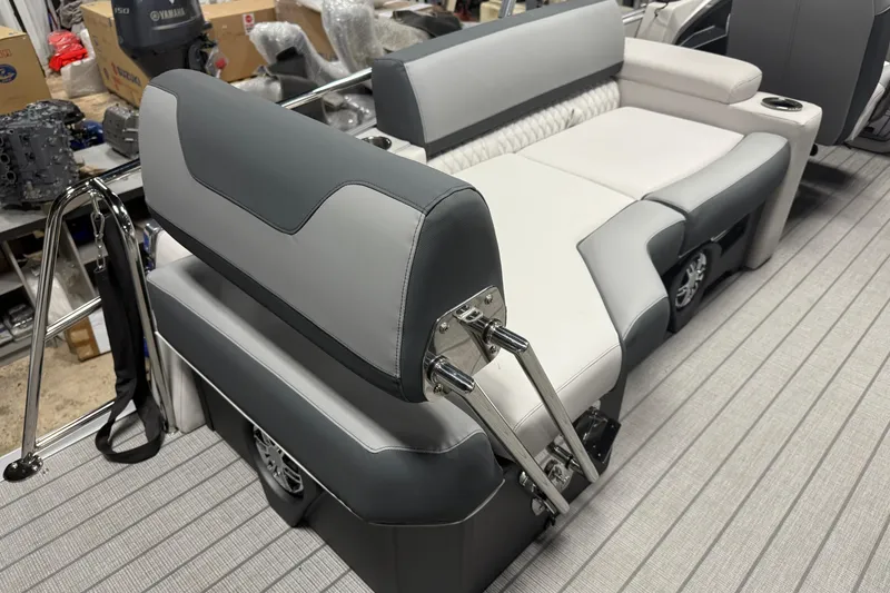 Slide: The Image of 2026 Avalon Catalina Quad Lounger Shift Windshield interior with gray and white seating. - 6