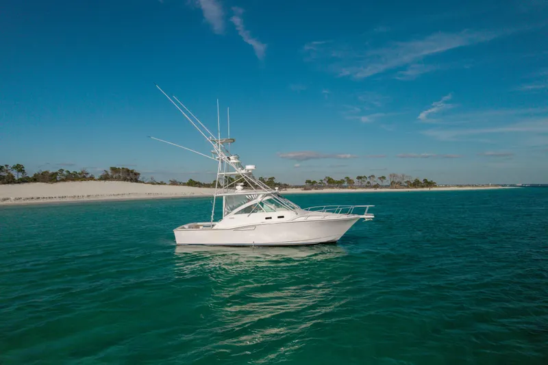 Slide: The Image of 2000 Cabo 35 Express boat on clear blue water near sandy shoreline. - 36