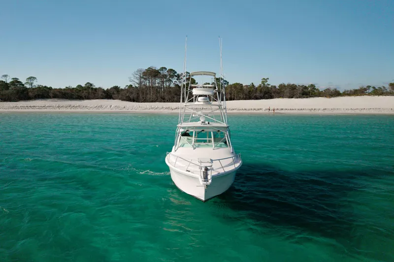 Slide: The Image of Cabo 35 Express 2000 boat on turquoise water near sandy beach and trees. - 38