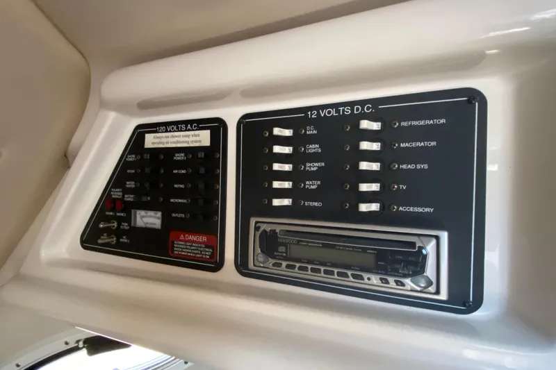 Slide: The Image of Control panel of a 2004 Monterey 245 Cruiser boat, featuring AC and DC switches. - 30