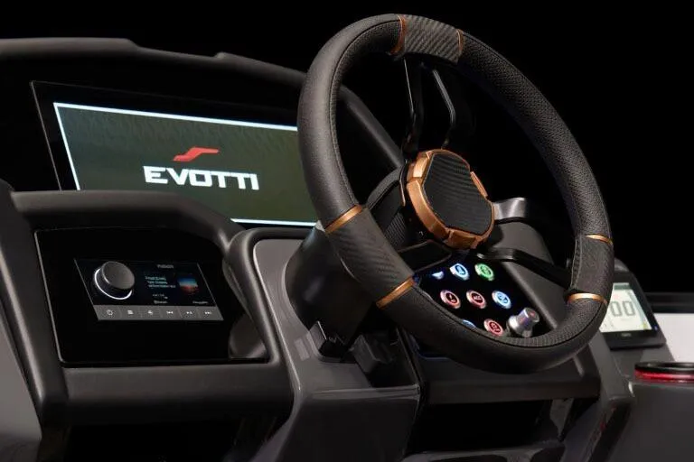 Slide: The Image of Manufacturer Provided Image: Steering wheel and dashboard of 2026 Evotti 721CS, featuring advanced controls and digital display. - 6