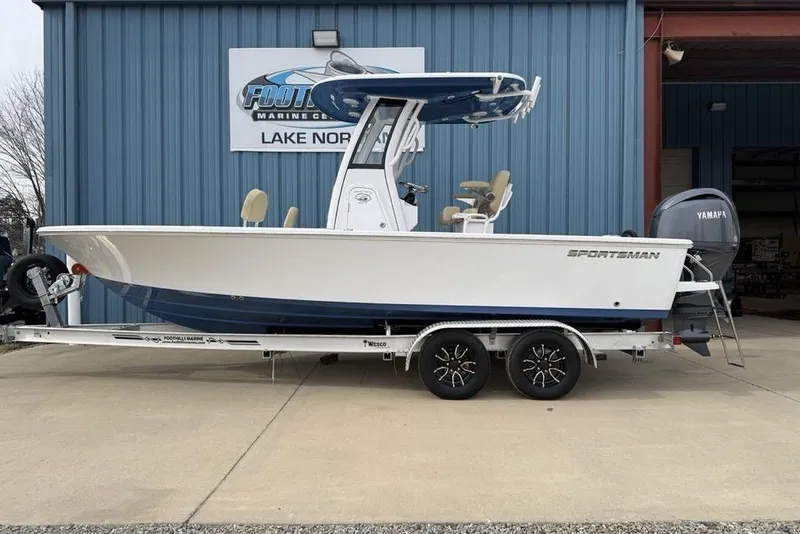 The Image of 2026 Sportsman Masters 227 Bay Boat on trailer at Foothills Marine Center. - 2