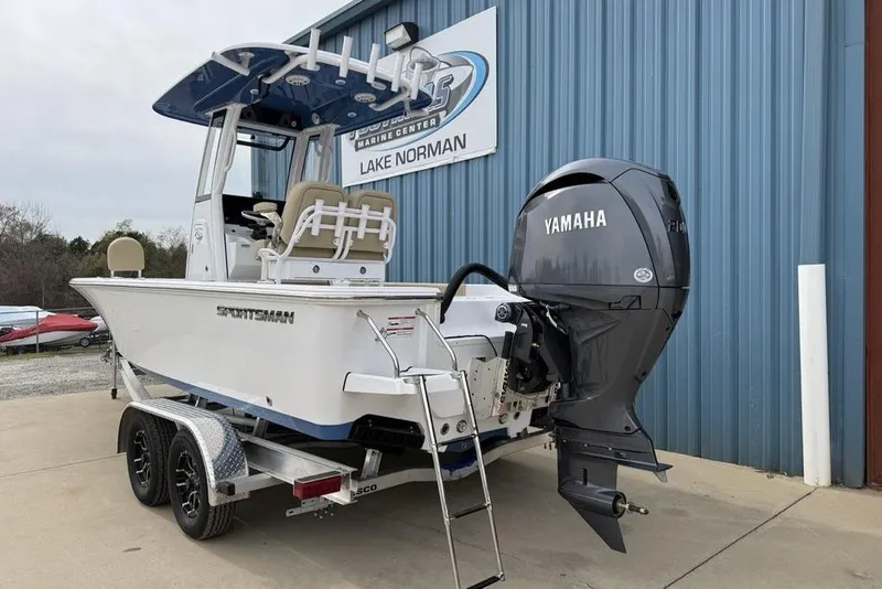 Slide: The Image of 2026 Sportsman Masters 227 Bay Boat with Yamaha engine on trailer at Lake Norman. - 4